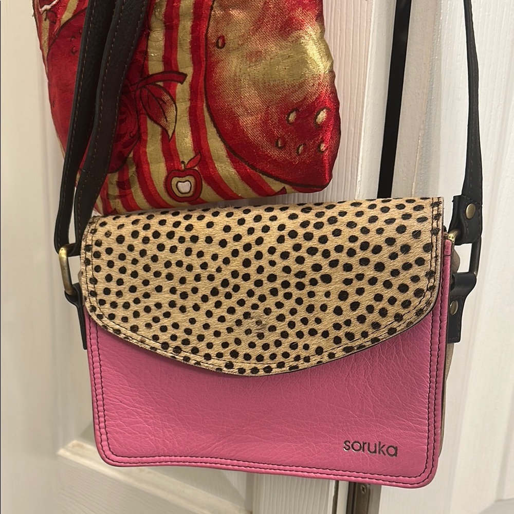 Chic Pink and Black Crossbody Bag with Animal Print Flap